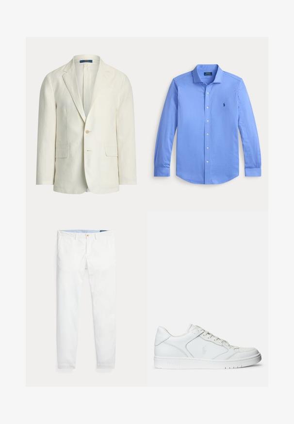 Herreblazer i cremefarve med slag med udskæring, to forlommer med klap, lukning med en knap og en Polo Ralph Lauren-mærkat indeni kraven.; Lysblå langærmet skjorte med knapper og krave, hvide knapper og lille mørkeblå broderet logo på venstre bryst.; Hvide bomuldschinos med slank pasform, med en enkelt guldknaplukning og lyseblåt inderliv. Glat tekstur uden mønstre.; Hvide lædersneakers med en glat tekstur, der har en perforeret tå, snørebåndslukning og broderet logo på siden. Hvid gummisål.
