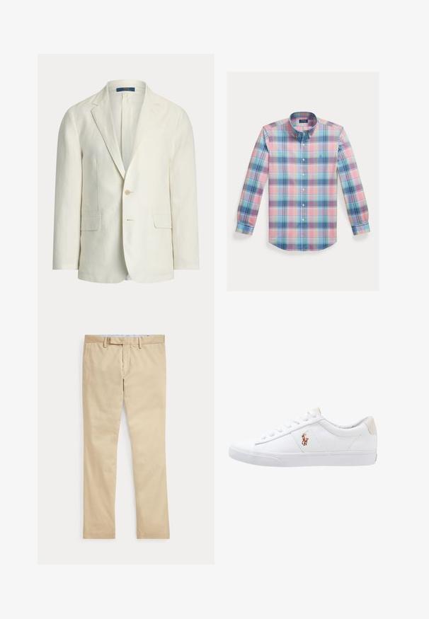 Herreblazer i cremefarve med slag med udskæring, to forlommer med klap, lukning med en knap og en Polo Ralph Lauren-mærkat indeni kraven.; Bomuldsbutton-down skjorte med et flerfarvet ternet mønster i nuancer af pink, blå og grøn. Inkluderer en spredningskrave og lange ærmer.; Beige bukser med lige ben, bæltestropper og frontlynlås, lagt fladt mod en hvid baggrund.; Hvide kanvas sneakers med lågtop design, prydet med en beige hælkappe og et lille broderet logo på siden. Gummisål.