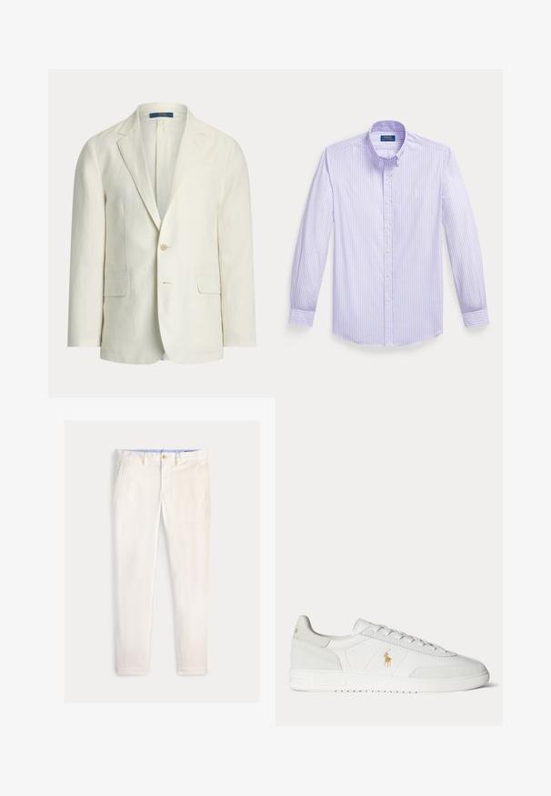 Pánsky krémový blejzer s výrezom na plieškach, dvoma prednými vreckami s chlopňou, zapínaním na jedno gombík a štítkom Polo Ralph Lauren vo vnútri goliera.; Svetlofialová košeľa s dlhým rukávom s bielymi vertikálnymi pruhmi a golierom na gombíky, položená na bielom pozadí.; Pánske štíhle nohavice slonovinovej farby s prednými vreckami, pútkami na opasok a zapínaním na gombík na jednofarebnom pozadí.; Biela nízka teniska so šnurovaním, zlaté logo Polo Ralph Lauren na boku a textúrovaná podrážka na jednofarebnom pozadí.