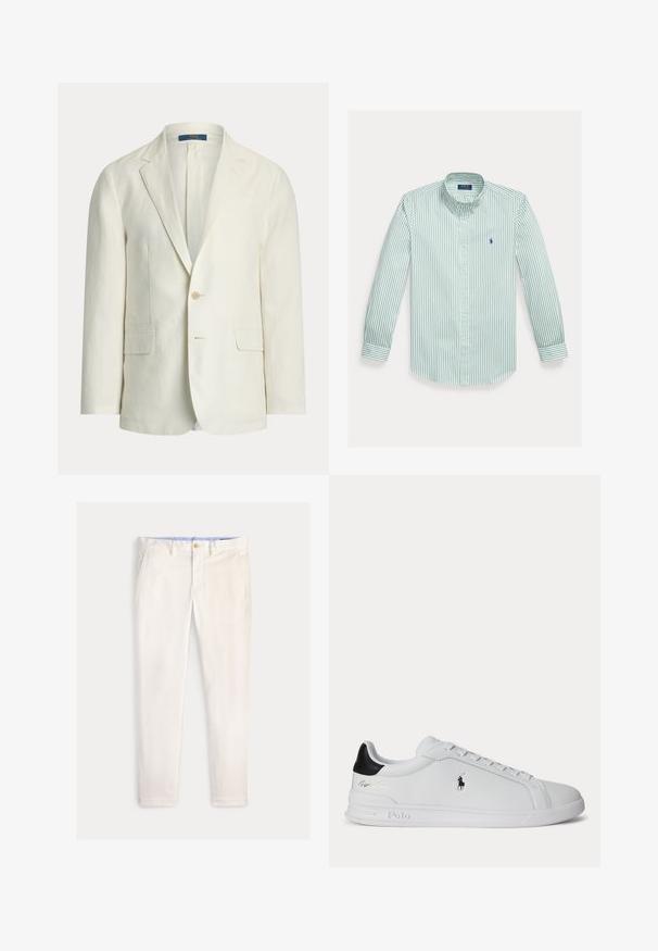 Herreblazer i cremefarve med slag med udskæring, to forlommer med klap, lukning med en knap og en Polo Ralph Lauren-mærkat indeni kraven.; Skjorte med knapper i grønne og hvide lodrette striber, lavet af bomuld. Har klassisk krave, lange ærmer og en lille logo på brystet.; Herre slim-fit off-white bukser med frontlommer, bæltestropper og knaplukning på en ensfarvet baggrund.; Hvid lavtop sneaker med sort hælfane, snørebånd og Polo Ralph Lauren-logo på siden, med præget såldetaljer.