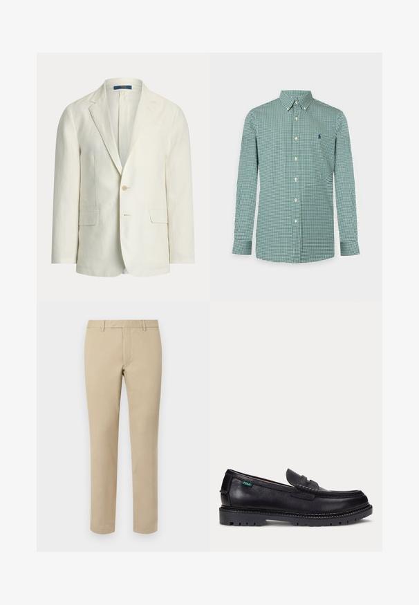 Herreblazer i cremefarve med slag med udskæring, to forlommer med klap, lukning med en knap og en Polo Ralph Lauren-mærkat indeni kraven.; Langærmet grøn- og hvidternet skjorte med knapper og button-down krave samt lille broderet logo på venstre bryst.; Beige bomuldsbukser med lige pasform, der har bæltesløjfer, glat front og skræddersyede søm. Glat tekstur og minimal detaljer.; Sort læderloafer med tyk, mønstret sål og lille grøn "Polo"-mærke på ydersiden nær hælen.