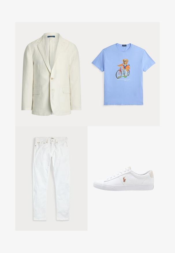 Pánsky krémový blejzer s výrezom na plieškach, dvoma prednými vreckami s chlopňou, zapínaním na jedno gombík a štítkom Polo Ralph Lauren vo vnútri goliera.; Svetlomodré tričko s grafikou medveďa v slnečných okuliaroch a bežnom oblečení stojaceho vedľa červeného bicykla.; Biele slim fit džínsy s piatimi vreckami, zapínaním na gombíky a opaskovými pútkami, položené na rovnej svetlej jednofarebnej podložke.; Biele plátenné tenisky s nízkym strihom, ktoré majú béžový opasok na päte a malé vyšívané logo na boku. Gumová podrážka.