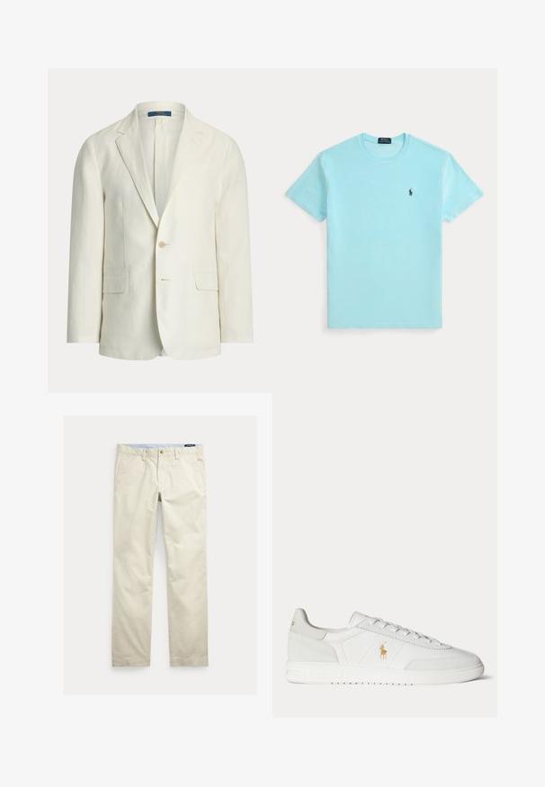 Herreblazer i cremefarve med slag med udskæring, to forlommer med klap, lukning med en knap og en Polo Ralph Lauren-mærkat indeni kraven.; Lyseblå t-shirt med korte ærmer og rund halsudskæring med lille mørkt logo af en polospiller på venstre bryst.; Beige bomuld straight-leg bukser med bæltestropper, forreste knap, lynlås og sidelommer.; Hvid lavtop sneaker med snøredesign, guldfarvet Polo Ralph Lauren-logo på siden og tekstureret sål på en ensfarvet baggrund.
