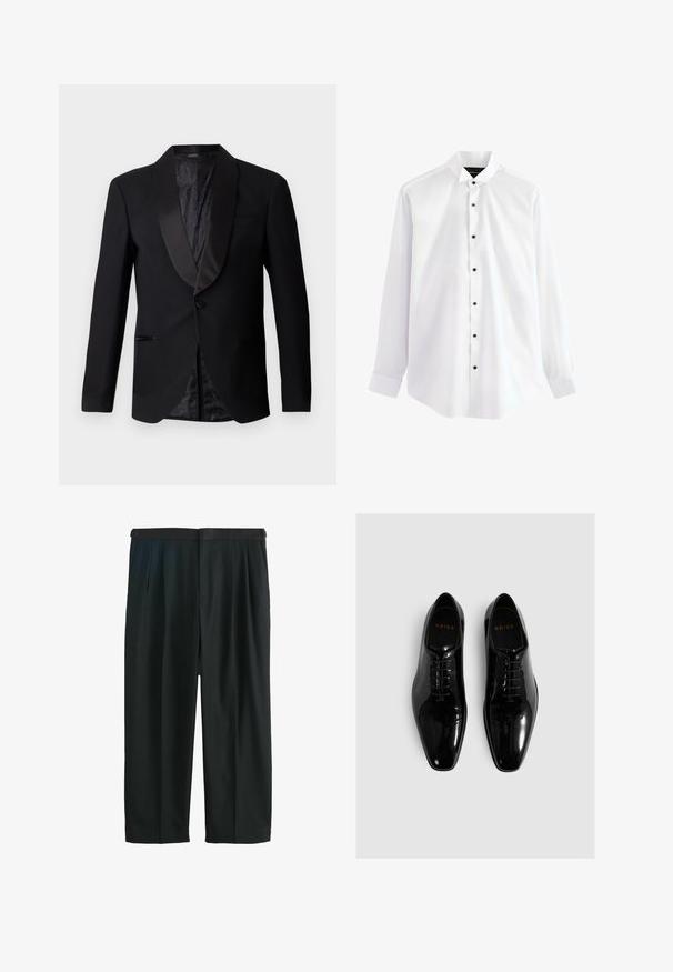 Veste de costume noir avec revers en satin, fermeture à un seul bouton et doublure texturée noire à motif, dotée de deux poches latérales.; Chemise blanche à manches longues avec boutons noirs, col pointu et poignets boutonnés, présentée sur un fond uni.; Pantalon noir à jambes larges avec plis à la taille et ceinture en tissu assortie sur fond blanc uni.; Chaussures habillées en cuir verni noir avec un bout pointu, un design à lacets et une finition lisse. Logo de la marque embossé sur la semelle intérieure.