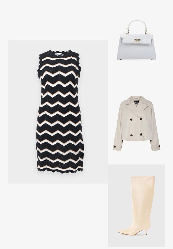 Lichtbeige cropped dubbelknopsgeschakeld jack met brede revers, vier zwarte knopen aan de voorkant en knoopsluiting op de lange mouwen.; Zwart mouwloos gebreide jurk met witte en beige zigzagstrepen, geschulpte randen en een DKNY Jeans-label bij de nek.; Kniehoge beige leren laars met een slanke, gladde afwerking, een spitse neus en een lage, slanke hak. Heeft een minimalistisch ontwerp zonder zichtbare accenten.; ESTRO Handtas - white