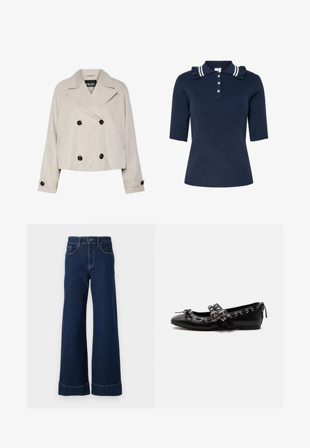 Hellbeige cropped Doppelreiher-Jacke mit breiten Revers, vier schwarzen Knöpfen vorne und geknöpften Manschetten an den langen Ärmeln.; Marineblaue, gerippte Poloshirt mit kurzen Ärmeln, das einen gestreiften Kragen und eine Rüschendetailierung aufweist, vorne mit drei Knöpfen zu verschließen.; Weite dunkelblaue Jeans aus Denim. Verfügt über ein klassisches Fünf-Taschen-Design, einen Knopfverschluss und umgeschlagene Saumdetails.; Schwarzer flacher Ballettschuh mit doppelten Schnallenriemen, silbernen Ösen und einer kleinen Schleife nahe der abgerundeten Spitze auf weißem Hintergrund.