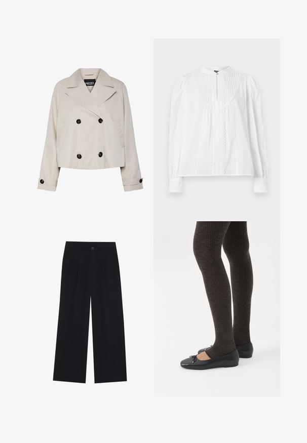 Lichtbeige cropped dubbelknopsgeschakeld jack met brede revers, vier zwarte knopen aan de voorkant en knoopsluiting op de lange mouwen.; Witte blouse met lange mouwen en mandarijnkraag, verticale plooien, kantdetails aan de voorkant en manchetten, en een enkele knoopsluiting bij de hals.; Zwart brede broek van een gladde stof. Heeft plooien aan de voorkant, een knoopsluiting en zijzakken. Eenvoudig ontwerp zonder patronen.; Benen met donkere geribbelde leggings gecombineerd met zwarte ballerina's met kleine strikdetails op een witte achtergrond.
