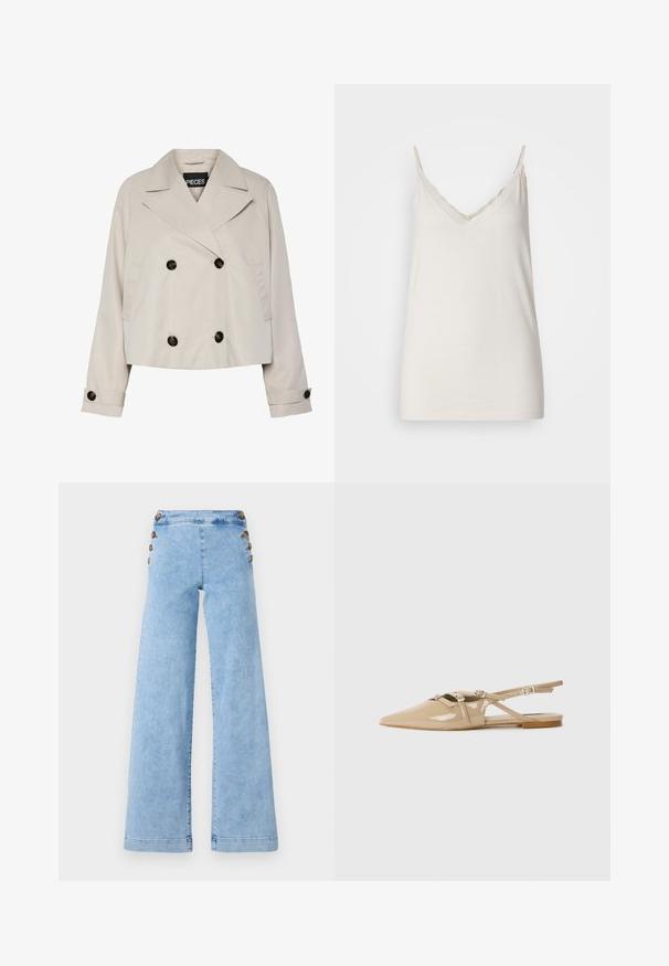 Lichtbeige cropped dubbelknopsgeschakeld jack met brede revers, vier zwarte knopen aan de voorkant en knoopsluiting op de lange mouwen.; Lichtbeige top met verstelbare spaghettibandjes, V-hals en scalloped randdetails. Gemaakt van zachte stof met een gladde textuur.; Lichtblauwe denim wijdnekkige jeans met een hoge taille, voorzien van metalen knoopaccenten langs de zijkanten en een gladde, licht versleten textuur.; Beige patenten leren slingback flats met puntige neus, decoratieve banden en gespen, en een lage hak. Glad, glanzend oppervlak met minimale details.
