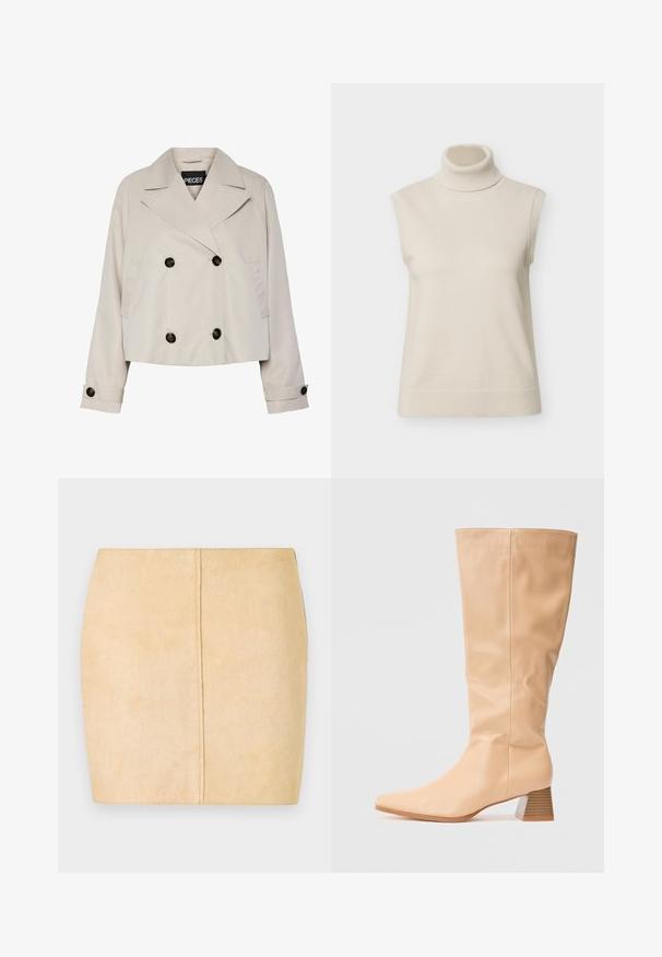 Chaqueta corta de doble botonadura en color beige claro, con amplias solapas, cuatro botones negros en el frente y puños abotonados en las mangas largas.; Jersey de punto sin mangas de color beige con cuello alto y puños acanalados, mostrado sobre un fondo blanco liso.; Mini falda de ante beige con una textura suave, un corte ajustado y un detalle de costura central. Sin herrajes ni adornos visibles.; Botas de caña alta beige, hechas de un material sintético suave, con punta cuadrada y un tacón ancho con rayas horizontales que aportan textura.