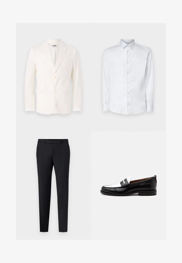 Blazer léger blanc avec un design à boutonnage simple, des revers à cran, deux poches avant et une fermeture à trois boutons. Texture douce, coupe moderne.; Chemise blanche à manches longues en tissu lisse, dotée d'un col classique, d'une patte de boutonnage et de poignets avec boutons, présentée sur un fond uni.; Pantalons noirs ajustés avec une coupe slim, présentant un devant plat, des passants de ceinture et aucune motif ou accent visible. Texture lisse.; Mocassin en cuir noir et blanc avec des détails cousus, un petit talon et un design slip-on, présenté de profil sur un fond uni.