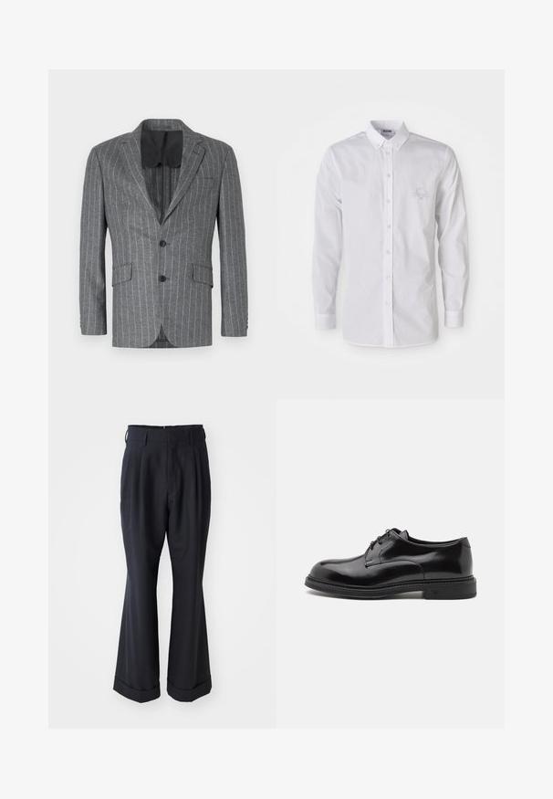 Blazer gris à rayures avec un seul bouton noir, deux poches avant et une doublure intérieure noire, présentant un col à cran et une coupe ajustée.; Chemise blanche à manches longues, à col boutonné, avec un logo brodé discret sur la poitrine gauche.; Pantalons noirs ajustés avec une coupe décontractée, devant plissé et jambes larges. Caractéristiques d'un ourlet à retournement et d'une texture de tissu lisse.; Chaussure habillée en cuir noir avec une finition lisse, bout rond et lacets. Présente une épaisse semelle noire et un détail de couture subtil le long du bord.