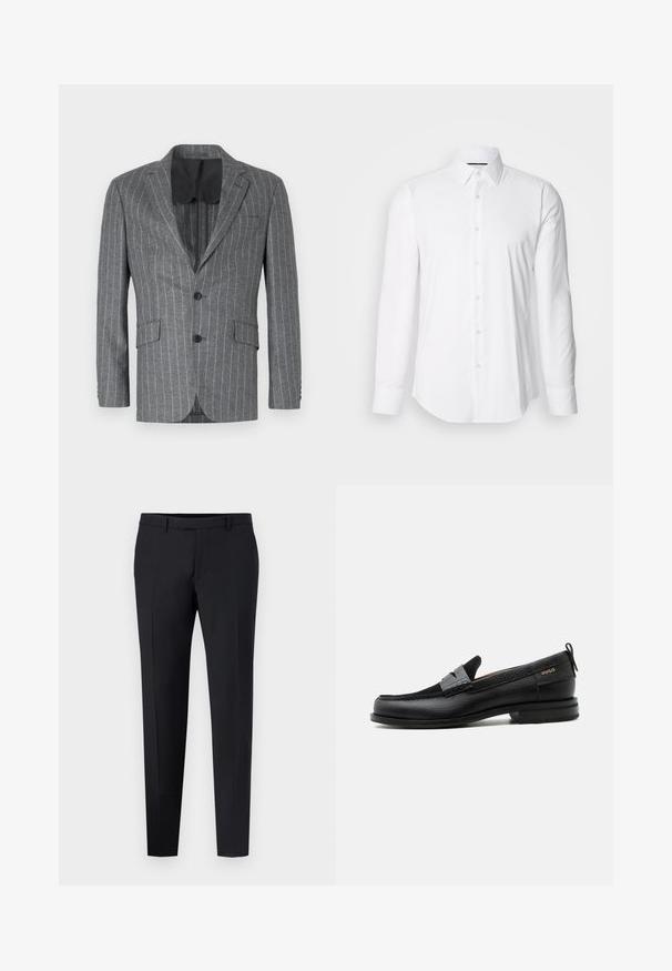 Blazer gris à rayures avec un seul bouton noir, deux poches avant et une doublure intérieure noire, présentant un col à cran et une coupe ajustée.; Chemise blanche à manches longues en tissu lisse, avec un col classique et une fermeture à boutons à l'avant, doté d'un ourlet arrondi. Les boutons ont une finition légèrement brillante.; Pantalons noirs ajustés avec une coupe slim, présentant un devant plat, des passants de ceinture et aucune motif ou accent visible. Texture lisse.; Mocassin en cuir noir avec détail de bride grise, talon bas et semelle texturée, marqué "HUGO" en or sur le côté.