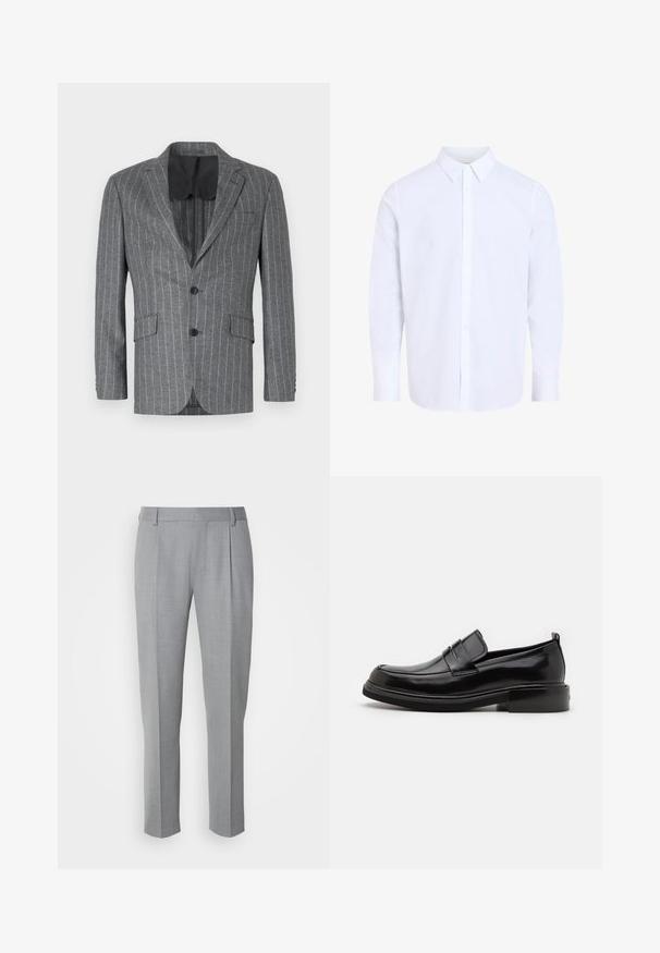 Blazer gris à rayures avec un seul bouton noir, deux poches avant et une doublure intérieure noire, présentant un col à cran et une coupe ajustée.; Chemise blanche à manches longues avec col classique, en tissu lisse, avec une patte de boutonnage devant et un ourlet arrondi.; Pantalons gris sur mesure avec une texture lisse, présentant un devant plat, des jambes droites et de légères pinces pour plus de détail.; Calvin Klein MOCCASIN - Mocassins de ville - black