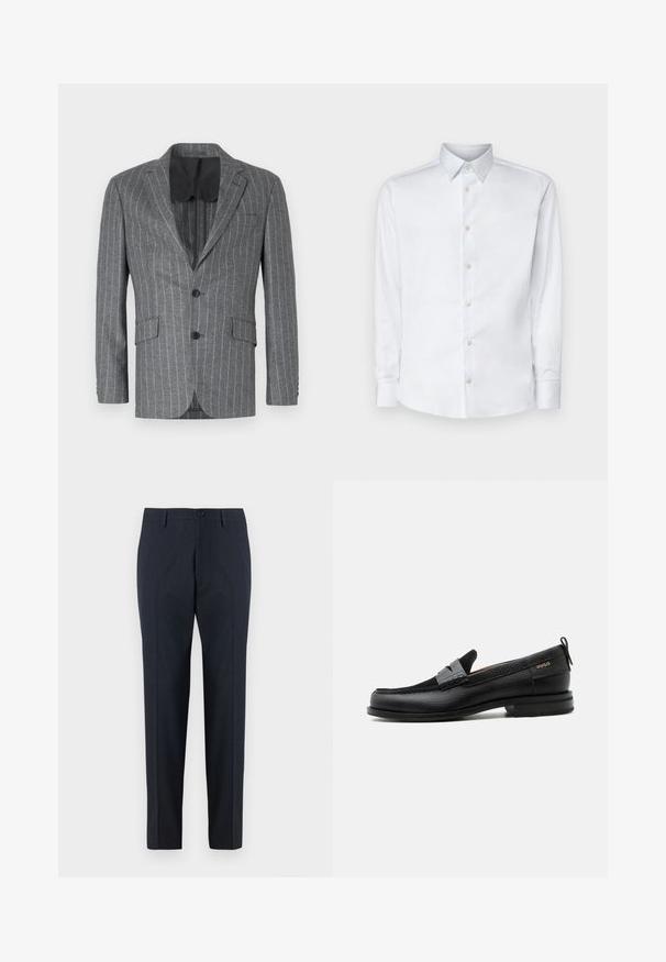 Blazer gris à rayures avec un seul bouton noir, deux poches avant et une doublure intérieure noire, présentant un col à cran et une coupe ajustée.; Chemise blanche à manches longues en tissu lisse, dotée d'un col classique, d'une patte de boutonnage et de poignets avec boutons, présentée sur un fond uni.; DRYKORN AJEND - Chino - blue; Mocassin en cuir noir avec détail de bride grise, talon bas et semelle texturée, marqué "HUGO" en or sur le côté.