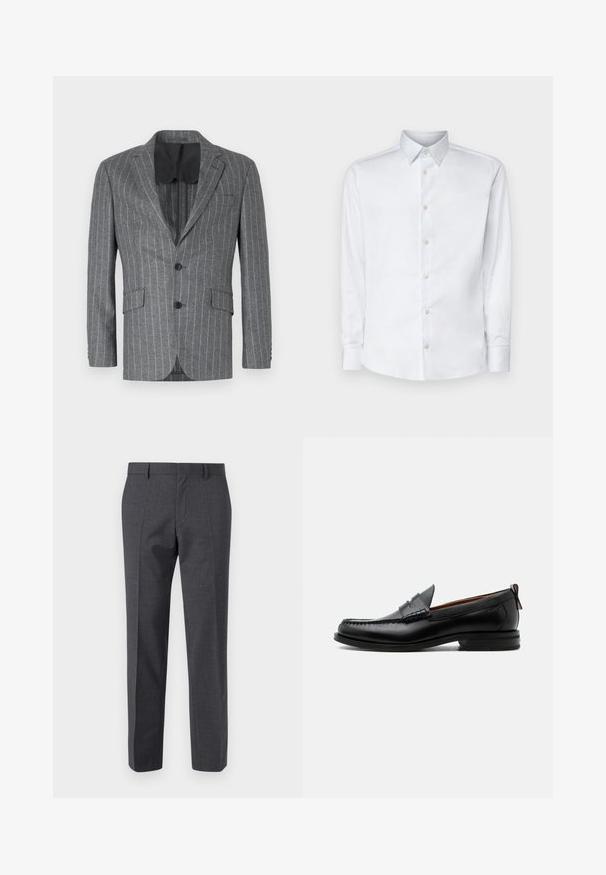 Blazer gris à rayures avec un seul bouton noir, deux poches avant et une doublure intérieure noire, présentant un col à cran et une coupe ajustée.; Chemise blanche à manches longues en tissu lisse, dotée d'un col classique, d'une patte de boutonnage et de poignets avec boutons, présentée sur un fond uni.; Pantalons tailleur gris avec une finition texturée, devant plat et design à jambe droite. Comprend des poches latérales et des passants de ceinture.; Mocassin homme en cuir noir avec couture moc toe, bride penny, col texturé et petit talon empilé sur fond blanc.