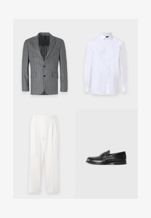 Blazer gris à rayures avec un seul bouton noir, deux poches avant et une doublure intérieure noire, présentant un col à cran et une coupe ajustée.; Chemise blanche à manches longues pour homme avec boutonnières devant et col pointu, présentée sur un fond uni.; Pantalon blanc sur mesure avec une coupe droite, présentant des plis, un devant plat et une texture de tissu lisse. Aucune poche ni accent visible.; Mocassins en cuir noir avec un bout rond, des détails cousus et une semelle en caoutchouc plate. Présentent une large bande sur le cou-de-pied.