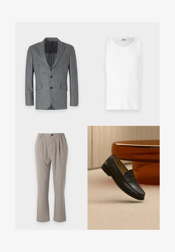 Grå blazer med pyntestriber, enkelt sort knap, to frontlommer og sort inderside, med en notch revers og skræddersyet pasform.; Hvid bomulds tanktop uden ærmer med rund halsudskæring og en glat tekstur. Enkel design, ingen mønstre eller accenter.; Lyse grå bukser med en afslappet pasform, lavet af blødt stof, med elastisk talje, plisseringer og en enkelt knaplukning.; Sort læder loafer-sko hængende over beige tæppe med ravfarvet moderne møblement i baggrunden.
