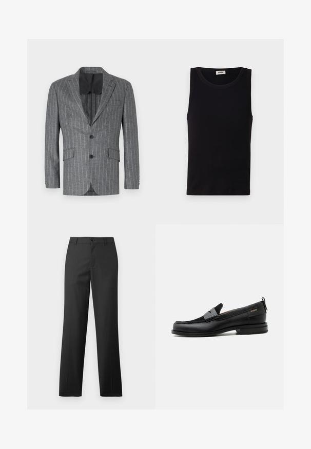Blazer gris à rayures avec un seul bouton noir, deux poches avant et une doublure intérieure noire, présentant un col à cran et une coupe ajustée.; Débardeur noir sans manches en coton doux. Il présente une encolure ronde et une coupe droite, avec des détails de couture minimaux.; Samsøe Samsøe SAJOHNNY TROUSERS - Pantalon classique - turkish coffee; Mocassin en cuir noir avec détail de bride grise, talon bas et semelle texturée, marqué "HUGO" en or sur le côté.