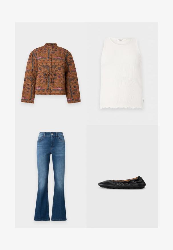 Veste marron matelassée avec des motifs floraux complexes en rose et bleu. Elle présente un col montant, une fermeture nouée à l'avant, et des manches longues.; Débardeur blanc en maille côtelée sans manches avec encolure ronde et ourlet festonné, étiquette "Mads Nørgaard Copenhagen" au niveau de la nuque.; Jeans flare en denim bleu avec bouton sur le devant, fermeture éclair et design cinq poches, présentant une légère décoloration sur les cuisses et les genoux.; Ballerines en cuir noir avec des détails froncés au col, bout rond et semelle en caoutchouc flexible. Texture lisse dans l'ensemble.