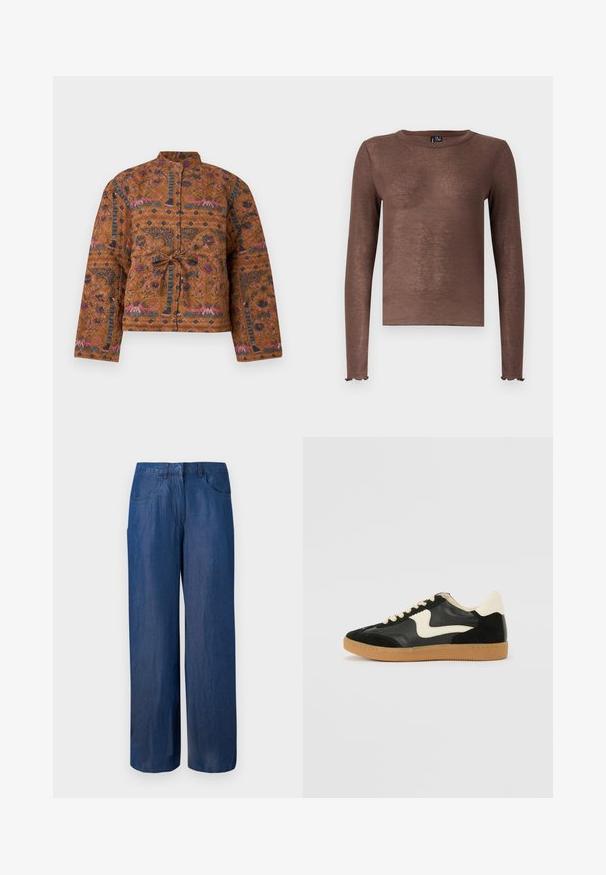 Veste marron matelassée avec des motifs floraux complexes en rose et bleu. Elle présente un col montant, une fermeture nouée à l'avant, et des manches longues.; Haut marron à manches longues avec un col rond, fabriqué dans un matériau doux et légèrement transparent. Il présente des poignets froncés et un ourlet droit.; Pantalons en denim à jambe large en bleu foncé. Fabriqués en coton avec une texture lisse. Comprend deux poches avant et une fermeture à boutons à la taille.; Baskets en daim et cuir noir avec un swoosh latéral crème et un talon crème clair. Dotées de lacets beige et d'une semelle en caoutchouc gomme.