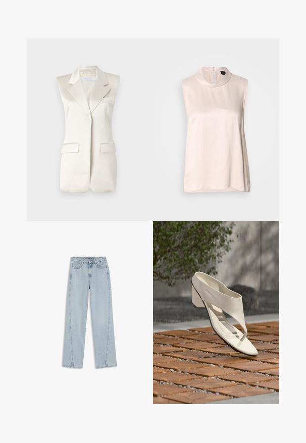Blazer sans manches beige avec des revers nets, des poches latérales et une finition satinée lisse. Présente un design ajusté et des accents de couture minimaux.; Blouse sans manches rose pâle avec un col haut, confectionnée dans un tissu lisse et brillant. Elle présente une fermeture à boutons dans le dos et un ourlet arrondi.; Jean en denim bleu clair taille haute, coupe droite, avec poches avant, passants de ceinture, fermeture par boutons et petites fentes aux ourlets inférieurs.; Sandale à talon en cuir blanc avec une large bride et un entre-doigts, exposée en extérieur sur une surface carrelée en bois et en gravier avec de la verdure en arrière-plan.