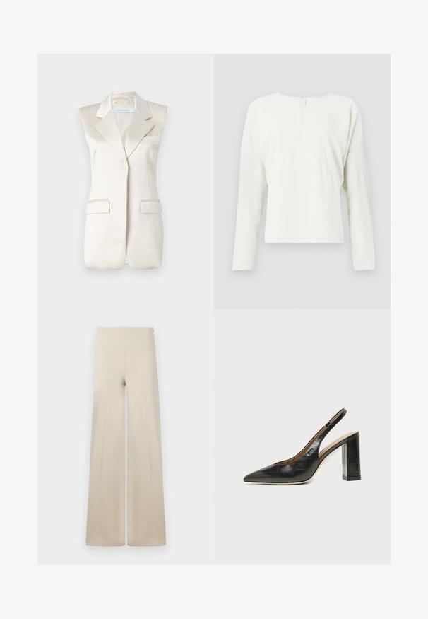 Mouwloze beige blazer met scherpe revers, zijzakken en een vloeiende satijnen afwerking. Heeft een op maat ontworpen uitstraling en minimale stiksels.; Witte langemouwen top met een ronde hals en een rits aan de achterkant. Heeft een losse pasvorm en subtiele naaddetails, gemaakt van een soepele stof.; Beige wijde broek van zacht materiaal met een gladde textuur. Voorzien van een hoge elastische tailleband voor comfort en een schoon, minimalistisch ontwerp.; Zwarte leren slingback schoen met spits toelopend neusje, hoge blokhak en beige binnenvoering tegen een effen lichte achtergrond.