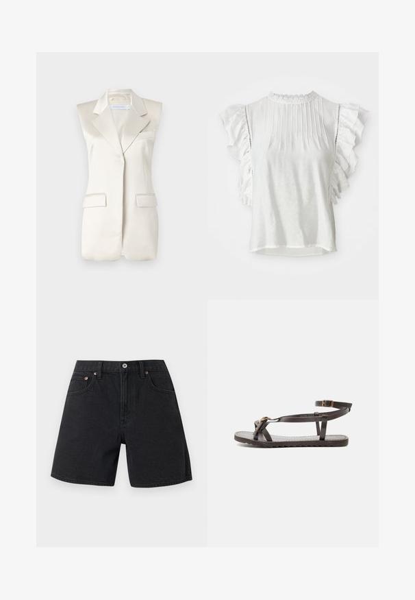 Blazer sans manches beige avec des revers nets, des poches latérales et une finition satinée lisse. Présente un design ajusté et des accents de couture minimaux.; Blouse blanche à manches courtes avec des plis, des épaules froufroutantes et un col montant bordé de dentelle. Tissu doux avec une texture lisse.; Short en jean noir avec poches avant, passants de ceinture et fermeture par bouton centrée sur un fond clair uni.; Sandale plate en cuir marron foncé avec fines lanières, boucle à la cheville et œillets dorés sur la bride des orteils, présentée sur fond blanc.