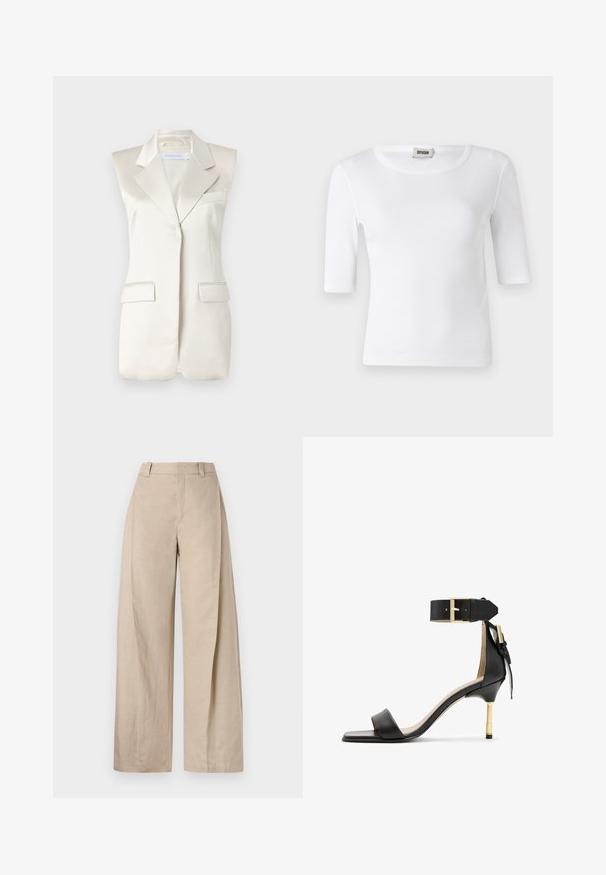 Mouwloze beige blazer met scherpe revers, zijzakken en een vloeiende satijnen afwerking. Heeft een op maat ontworpen uitstraling en minimale stiksels.; Witte geribde T-shirt met een ronde halslijn en ellebooglange mouwen. Gemaakt van zacht materiaal met een gladde textuur. Label zichtbaar bij de halslijn.; Beige linnen wijde broek met een hoge taille, met een zachte textuur en strakke lijnen, ontworpen voor een ontspannen pasvorm.; Zwarte leren sandalen met hak en vierkante neus, enkelband met een gouden gesp en een slanke metalen hak. Soepele textuur, minimalistisch ontwerp.