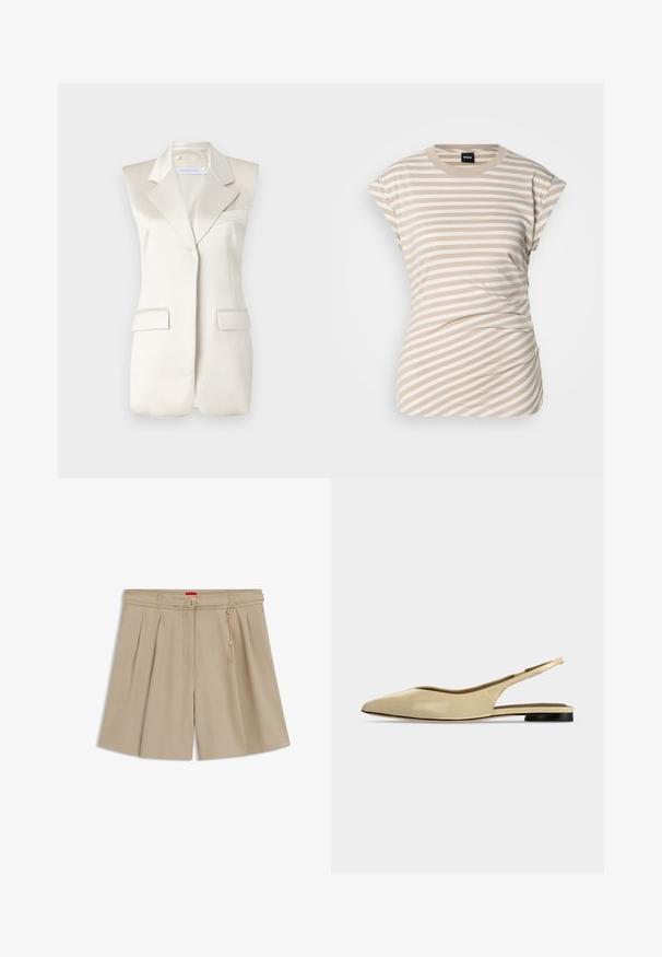 Blazer sans manches beige avec des revers nets, des poches latérales et une finition satinée lisse. Présente un design ajusté et des accents de couture minimaux.; T-shirt à rayures beige et blanches, à manches courtes, avec un col rond et un tissu froncé sur les côtés pour la texture et l'ajustement. Logo de la marque visible.; Shorts plissés beige avec une ceinture fine assortie, boucle dorée et détail de chaîne décorative sur fond blanc.; Chaussure plate beige à bout pointu avec bride arrière, petit talon noir et finition en cuir lisse, vue de côté sur un fond uni.