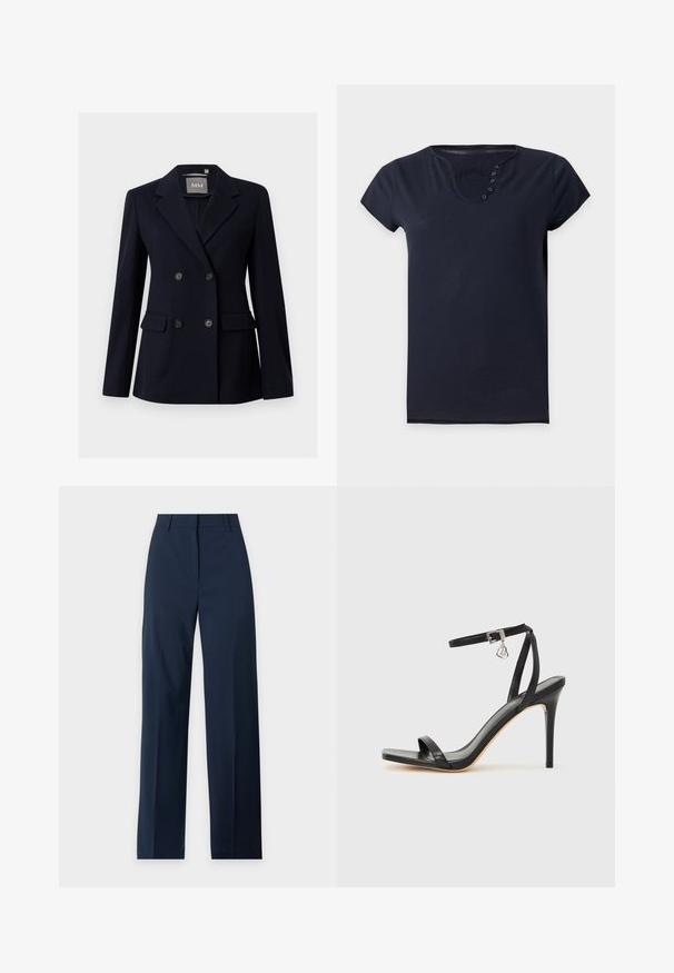 Μπλε ναυτικό διπλό σακάκι με γέφυρες, τέσσερα μαύρα κουμπιά και δύο μπροστινές τσέπες με καπάκι, με ετικέτα MM, παρουσιάζεται σε λευκό φόντο.; Σκούρο μπλε πουκάμισο με κοντά μανίκια και στρογγυλή λαιμόκοψη με πέντε μικρά κουμπιά στην αριστερή πλευρά του γιακά.; Μπλε ναυτικό παντελόνι με ίσια μπάρα, θηλιές για ζώνη, φερμουάρ μπροστά και καθαρή μέση σε ανοιχτό φόντο.; Μαύρο σανδάλι με ψηλό τακούνι, στενό λουράκι στον αστράγαλο, τετράγωνη μύτη, υλικό από λείο δέρμα και μεταλλικό διακοσμητικό πόρπη.