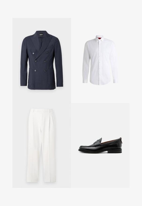 Blazer croisé bleu marine en tissu lisse. Comprend un col à revers cranté, deux poches avant et six boutons noirs pour la fermeture.; Chemise blanche à manches longues en tissu lisse avec un col classique et un ourlet arrondi. Présente des boutons beiges à l'avant.; Pantalon blanc sur mesure avec une coupe droite, présentant des plis, un devant plat et une texture de tissu lisse. Aucune poche ni accent visible.; Mocassin homme en cuir noir avec couture moc toe, bride penny, col texturé et petit talon empilé sur fond blanc.