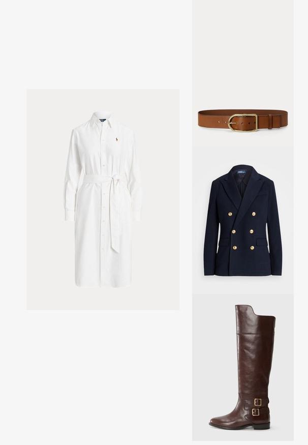 Tmavomodré dvojradové sako so šiestimi zlatými gombíkmi, zárezovými klopami, klopovými vreckami a štítkom Polo by Ralph Lauren vo vnútri goliera.; Biele košeľové šaty s dlhým rukávom, golierom, opaskom v páse a malým vyšívaným logom na ľavej strane hrudníka.; Hnedé kožené čižmy po kolená s okrúhlou špičkou, ktoré majú dva zlaté prackové spony na členku a hladký, lesklý povrch.; Hnedý kožený opasok s veľkou zlatou oválnou prackou a viacerými otvormi na nastavenie, zobrazený na jednoduchom pozadí.