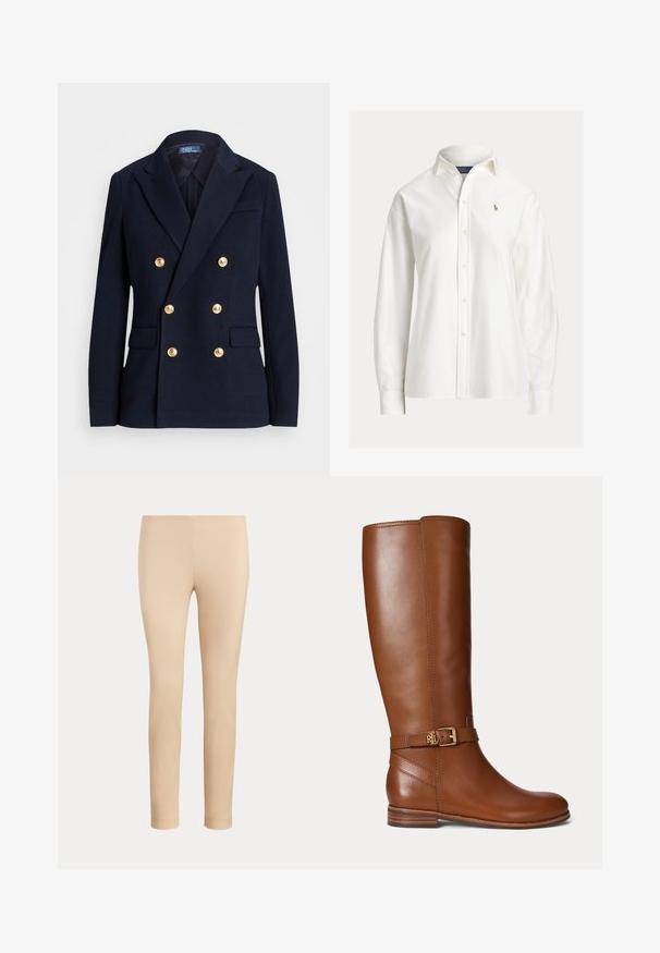 Marineblå dobbeltradet blazer med seks gyldne knapper, hakrevers, klaplommer og en Polo by Ralph Lauren label inde i kraven.; Hvid langærmet skjorte med knapper, krave og lille broderet logo på venstre bryst.; Beige slim-fit ankellange bukser med en glat finish og uden synlige lommer eller pynt på en ensfarvet baggrund.; Brun læder knæhøj støvle med en lille guldbøjle og "RL" logo på remmen nær anklen, flad hæl og glat finish.