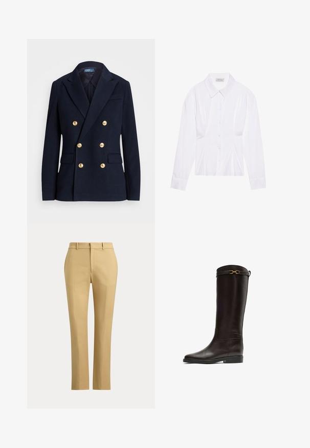 Blazer croisé bleu marine à six boutons dorés, revers crantés, poches à rabat et étiquette Polo by Ralph Lauren à l’intérieur du col.; Blouse blanche à manches longues avec un col classique, fermeture à boutons sur le devant et détail froncé sur le côté. Tissu lisse avec une coupe ajustée.; Pantalon beige droite avec passants de ceinture, pli à l'avant et ceinture unie sur fond uni.; Botte d'équitation haute en cuir marron foncé avec un petit talon et une boucle décorative dorée près du bord supérieur.