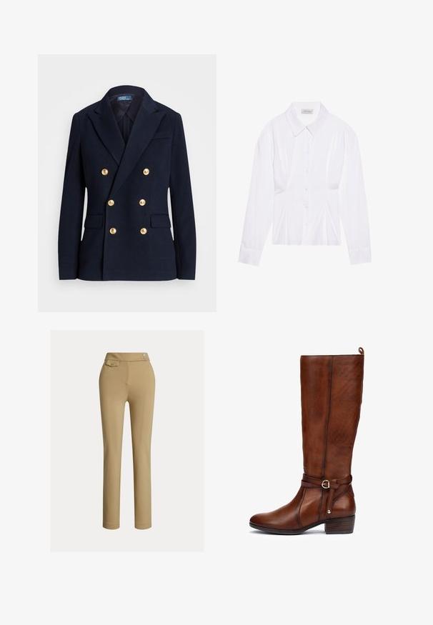 Tmavomodré dvojradové sako so šiestimi zlatými gombíkmi, zárezovými klopami, klopovými vreckami a štítkom Polo by Ralph Lauren vo vnútri goliera.; Biela blúzka s dlhým rukávom a klasickým golierom, so zapínaním na gombíky vpredu a detailom so zberaním na boku. Hladká tkanina s prispôsobeným strihom.; Béžové dámske nohavice slim-fit s vysokým pásom, dvoma gombíkmi na boku a malou gombíkovou vreckom blízko pásu.; Hnedé kožené čižmy po kolená s okrúhlou špičkou, bočným pribitím a masívnym podpätkom. S textúrovaným povrchom a dekoratívnym remienkom.