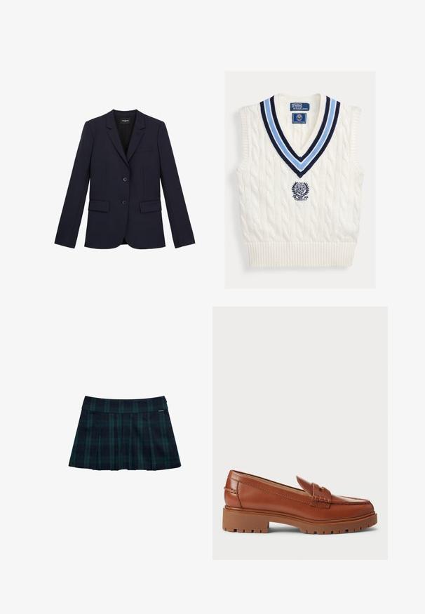 Marineblå skræddersyet blazer med to knapper, klapkrave og tre lommer. Fremstillet af et glat stof med en struktureret pasform og minimale detaljer.; Hvid kabelstrikket ærmeløs sweatervest med blåstribet V-hals og Polo Ralph Lauren Wimbledon-logo på brystet.; Rynket nederdel med tern i mørkegrøn og marineblå med en glat talje og logo-accent. Har et klassisk, lagdelt rynkedesign.; Brune læder loafers med en moccasin-foddesign, synlig syning og en kraftig, tekstureret gummisål. Hardware i guldfarve som accent.