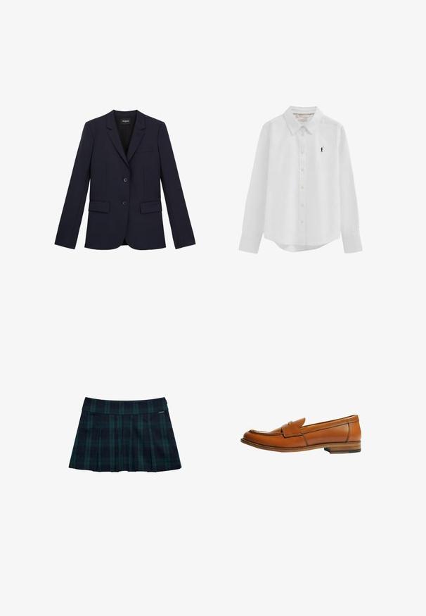 Marineblå skræddersyet blazer med to knapper, klapkrave og tre lommer. Fremstillet af et glat stof med en struktureret pasform og minimale detaljer.; Hvid langærmet skjorte med knapper, krave og lille sort broderet polo-spillerlogo på venstre bryst.; Rynket nederdel med tern i mørkegrøn og marineblå med en glat talje og logo-accent. Har et klassisk, lagdelt rynkedesign.; Brun læderloafer med flad hæl, rund tå og en dekorativ rem over vristen. Glat tekstur med kontrastsyningsdetalje.