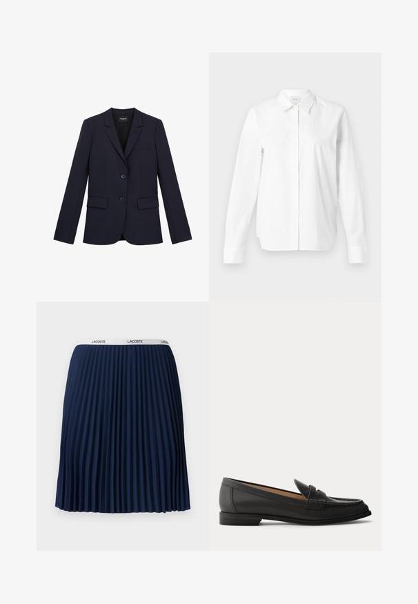 Marineblå skræddersyet blazer med to knapper, klapkrave og tre lommer. Fremstillet af et glat stof med en struktureret pasform og minimale detaljer.; Hvid skjorte med knapper lavet af bomuld. Har en klassisk krave, lange ærmer og en afslappet pasform. Ingen synlige mønstre eller accenter.; Marineblå plisseret nederdel med en struktureret design, elastisk talje med "LACOSTE" mærkning og glat stof.; Sort dames loafer i læder med lav hæl, rundet tå og syninger på overdelen, vist fra siden på en ensfarvet baggrund.