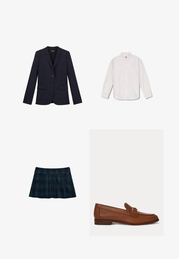 Marineblå skræddersyet blazer med to knapper, klapkrave og tre lommer. Fremstillet af et glat stof med en struktureret pasform og minimale detaljer.; Langærmet hvid skjorte med knapper, spids krave, fuld knaplukning foran og enkelt design, lagt fladt på hvid baggrund.; Rynket nederdel med tern i mørkegrøn og marineblå med en glat talje og logo-accent. Har et klassisk, lagdelt rynkedesign.; Brun læder loafer med guldfarvet spænde og lavt træhæl, vist fra siden på en ensfarvet baggrund.