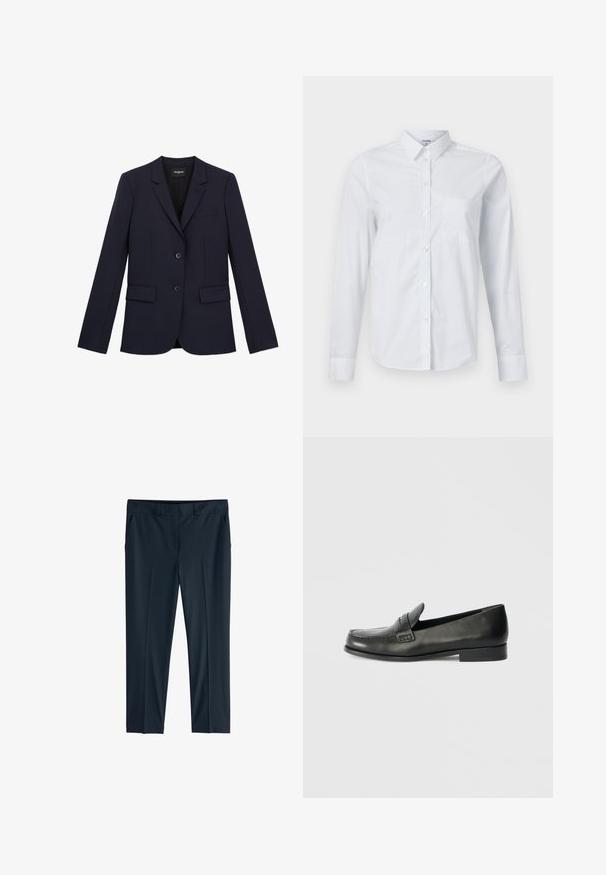 Marineblauwe op maat gemaakte blazer met twee knopen, notch revers en drie zakken. Gemaakt van een gladde stof met een gestructureerde pasvorm en minimale details.; Witte longsleeve overhemd van katoen, met kraag, knoopsluiting aan de voorkant en een borstzak. Gladde textuur. Geen patronen.; Donkerblauwe op maat gemaakte broek met riemlussen, zijzakken en een rechte pijp.; Zwarte leren instappers met een ronde neus, verhoogde stiksel details en een lage gestapelde hak. Gladde textuur met een subtiele glans.