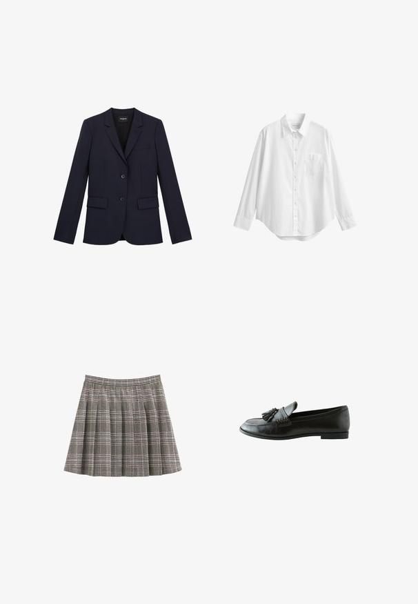 Marineblauwe op maat gemaakte blazer met twee knopen, notch revers en drie zakken. Gemaakt van een gladde stof met een gestructureerde pasvorm en minimale details.; Wit overhemd met lange mouwen, knopen, kraag en voorzak op de borst, weergegeven tegen een effen witte achtergrond.; Geruite rok in zwart, wit en grijs met plooien en een aangesloten tailleband. Effen textuur met een klassiek tartanpatroon over de hele rok.; Zwarte leren loafer met tassels aan de voorkant, platte zool en decoratieve stiksels langs de zijkant.