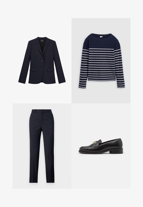 Marineblå skræddersyet blazer med to knapper, klapkrave og tre lommer. Fremstillet af et glat stof med en struktureret pasform og minimale detaljer.; Levi's® MARIN STRIPE - Langærmet T-shirt - navy/egret; Marineblå skræddersyede bukser med lige snit, der har en glat tekstur, to frontlommer og en ren talje.; Sort læder loafer med en lav blokhæl, der har en guldfarvet hardwaredetalje og detaljeret syning langs tåen og overdelen.