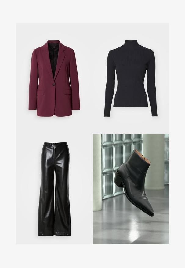Bordeaux blazer gemaakt van soepel materiaal, met een enkele knoopsluiting, gegoten revers en twee voorzakken. Voering zichtbaar.; Zwarte geribde coltrui met lange mouwen. Gemaakt van rekbare stof met een getailleerde pasvorm en hoge kraag. Eenvoudig ontwerp zonder versieringen.; Zwarte leren wijde broek met een gladde textuur, hoge taille en een verborgen ritssluiting aan de voorkant. Tailored fit met een nette afwerking.; Zwarte leren enkellaars met een spitse neus en blokhak die zweeft boven een reflecterende grijze vloer nabij een glazen blokmuur.