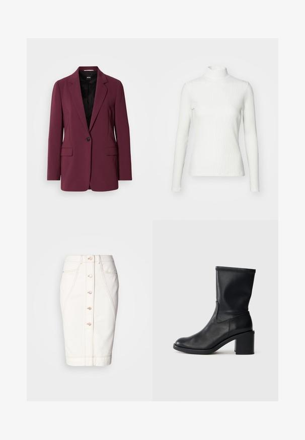 Burgunderfarbener Blazer aus glattem Stoff, mit einem einzelnen Knopfverschluss, Reverskragen und zwei Vorderentaschen. Futter sichtbar.; Weißes geripptes Turtleneck-Oberteil mit langen Ärmeln, aus elastischem Stoff. Verfügt über ein enganliegendes Design und einen hohen Kragen für zusätzlichen Schutz.; Weißer Denimrock mit einer Knopfleiste vorne, sichtbaren Nähten und einem Bleistiftschnitt. Keine Taschen sichtbar. Glatte Textur.; Schwarze Leder-Ankle Boots mit runder Zehenform, glatter Oberfläche und dicker Absatz, ausgestattet mit einem eng anliegenden Schaft und subtilen Nähten.