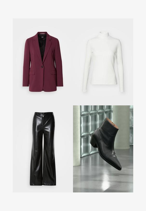 Bordeaux blazer gemaakt van soepel materiaal, met een enkele knoopsluiting, gegoten revers en twee voorzakken. Voering zichtbaar.; Witte geribbelde coltrui met lange mouwen, gemaakt van rekbare stof. Heeft een getailleerd ontwerp en een hoge halslijn voor bedekking.; Zwarte leren wijde broek met een gladde textuur, hoge taille en een verborgen ritssluiting aan de voorkant. Tailored fit met een nette afwerking.; Zwarte leren enkellaars met een spitse neus en blokhak die zweeft boven een reflecterende grijze vloer nabij een glazen blokmuur.