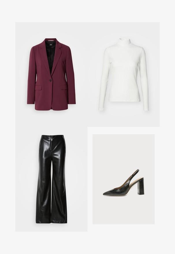 Bordeaux blazer gemaakt van soepel materiaal, met een enkele knoopsluiting, gegoten revers en twee voorzakken. Voering zichtbaar.; Witte geribbelde coltrui met lange mouwen, gemaakt van rekbare stof. Heeft een getailleerd ontwerp en een hoge halslijn voor bedekking.; Zwarte leren wijde broek met een gladde textuur, hoge taille en een verborgen ritssluiting aan de voorkant. Tailored fit met een nette afwerking.; Zwarte leren damesslingback met spitse neus en dikke hoge blokhak tegen witte achtergrond.