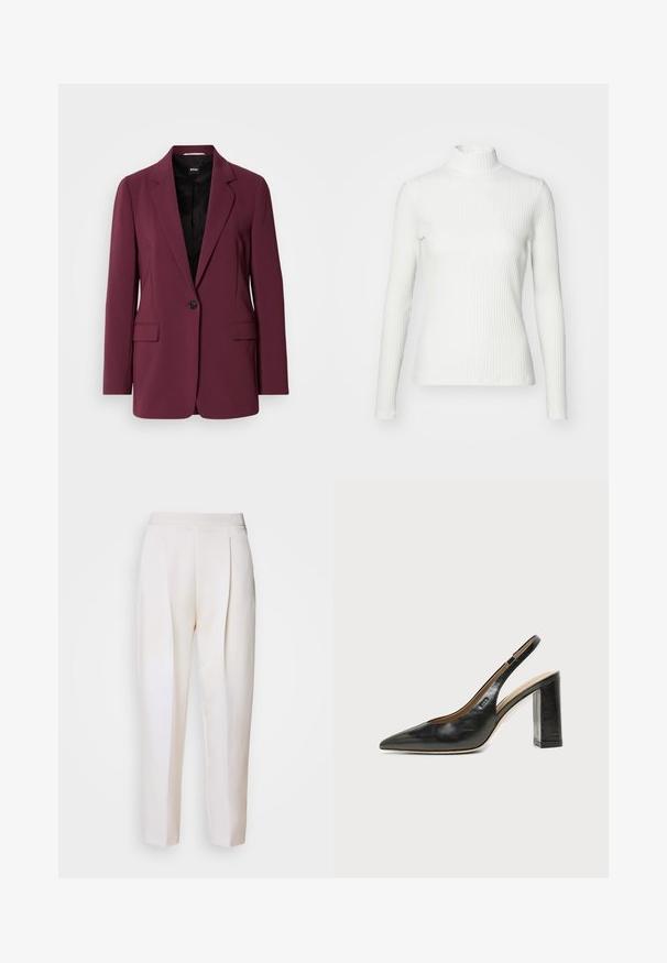 Burgunderrød blazer lavet af glat stof, med enkelt knaplukning, notch-lapper og to forlommer. Foret indre synligt.; Hvid ribbet turtleneck blouse med lange ærmer, lavet af elastisk stof. Har et tætsiddende design og høj hals for god dækning.; Cremefarvede skræddersyede bukser med en glat tekstur, der har frontfolder og et strømlinet design. Ingen synlige lommer eller hardware.; Sort læder peep-toe slingback sko med høj blokhæl og beige indvendig foring mod en ensfarvet lys baggrund.