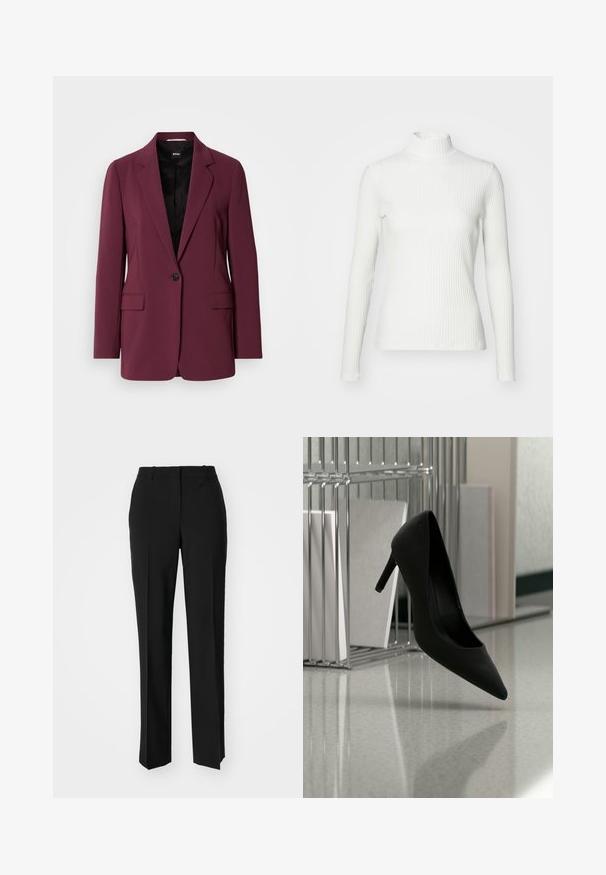 Burgunderrød blazer lavet af glat stof, med enkelt knaplukning, notch-lapper og to forlommer. Foret indre synligt.; Hvid ribbet turtleneck blouse med lange ærmer, lavet af elastisk stof. Har et tætsiddende design og høj hals for god dækning.; Sorte skræddersyede bukser med lige ben-design, der har en glat tekstur og skarpe folder langs fronten. Ingen synlige hardware.; Sort højhælet sko balancerende på hælen på en reflekterende bordplade nær metalfilholder med hvide mapper.