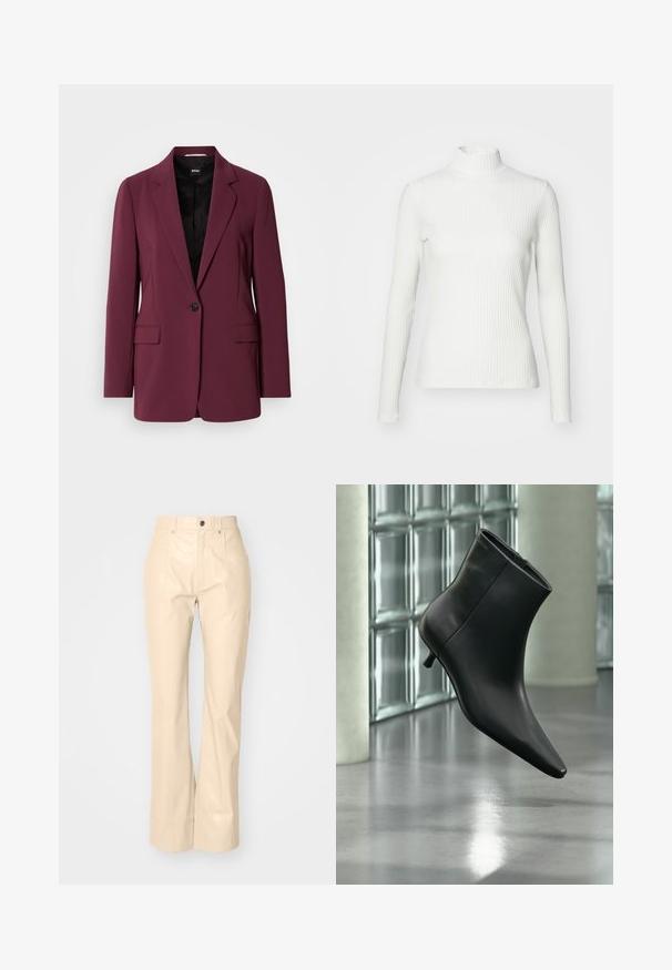 Burgunderfarbener Blazer aus glattem Stoff, mit einem einzelnen Knopfverschluss, Reverskragen und zwei Vorderentaschen. Futter sichtbar.; Weißes geripptes Turtleneck-Oberteil mit langen Ärmeln, aus elastischem Stoff. Verfügt über ein enganliegendes Design und einen hohen Kragen für zusätzlichen Schutz.; Beige Fake-Leder Schlaghosen mit glatter Textur, ausgestattet mit Vordertaschen, einem Knopfverschluss und einem dezenten, glänzenden Finish.; Schwarzer Leder-Stiefelette mit spitzer Zehenpartie und niedrigem Kitten-Heel, schräg dargestellt vor einem polierten Boden und einer Glasbausteinwand.