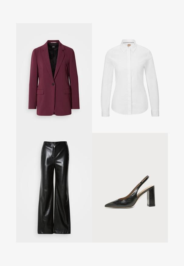 Bordeaux blazer gemaakt van soepel materiaal, met een enkele knoopsluiting, gegoten revers en twee voorzakken. Voering zichtbaar.; Witte lange mouw overhemd met knopen in een frisse katoenstof, met een klassieke kraag, een voorkant met knopen en een getailleerde pasvorm. Stijlvolle textuur, zonder patronen.; Zwarte leren wijde broek met een gladde textuur, hoge taille en een verborgen ritssluiting aan de voorkant. Tailored fit met een nette afwerking.; Zwarte leren slingback schoen met spits toelopend neusje, hoge blokhak en beige binnenvoering tegen een effen lichte achtergrond.